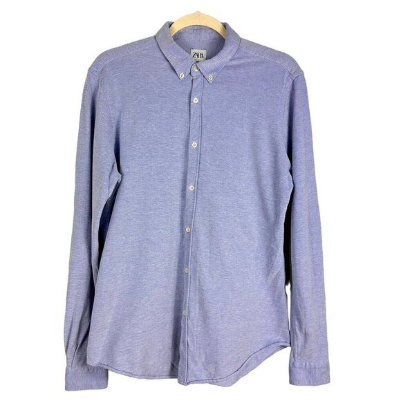 2/$30 Zara Blue Textured Stretch Man Slim Fit Shirt Long Sleeve Size Large - Picture 1 of 9